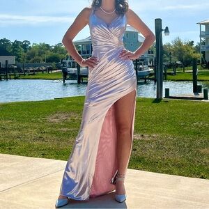 Pink shimmer formal dress with slit and corset back